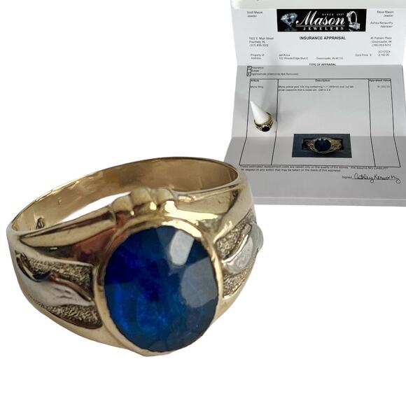 10K Gold BLUE SAPPHIRE RING Mens Size 10 Oval 8x9mm Bezel Set Lab Grown Gemstone - Picture 3 of 10